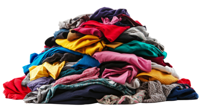 Huge pile of colorful clothes creating a large mound with transparent background