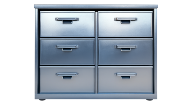 Metal filing cabinet with six drawers on transparent background