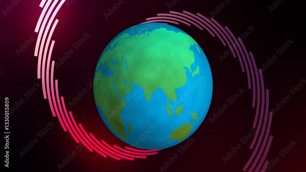 Poster animation of globe with digital red arcs on dark background