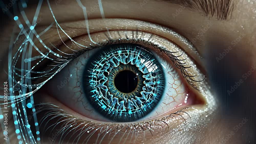 Aufkleber futuristic cybernetic blue eye with digital interface and neural connections in a high-tech biometri