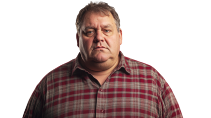 Serious overweight man with stern expression on transparent background