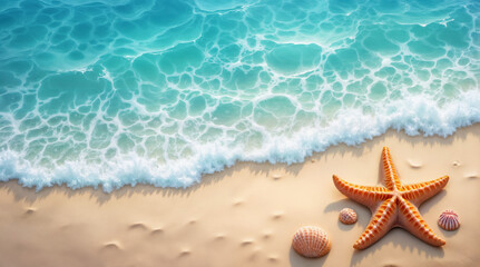 Tranquil Turquoise Ocean Waves Meeting Sandy Shore with Vibrant Orange Starfish