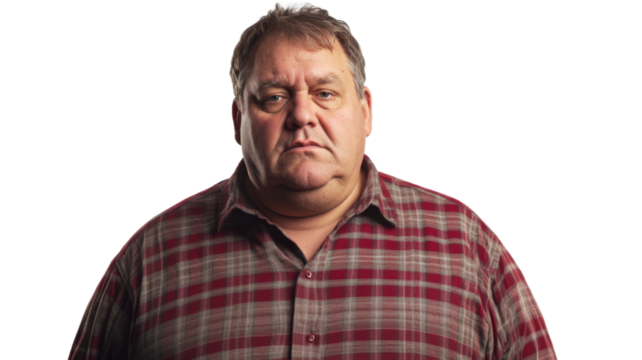 Serious overweight man with stern expression on transparent background