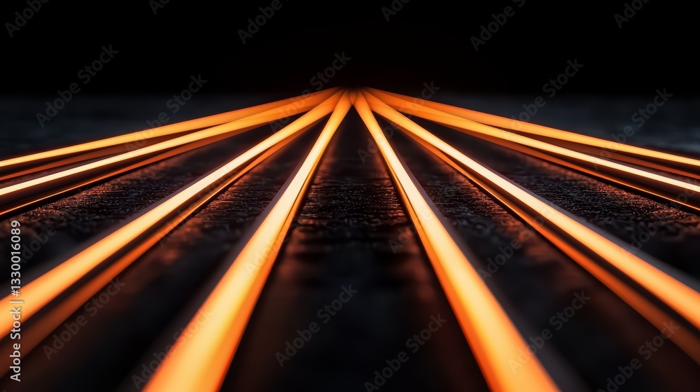 Poster the image is a black and white photo of a train track with orange lines. the lines are very thin and