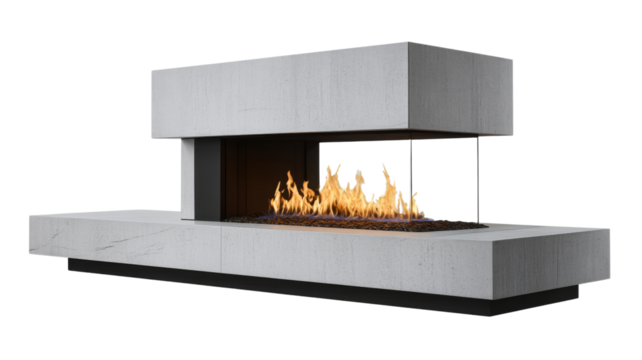 Modern fireplace burning with bright flames on transparent background