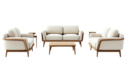 Modern living room furniture set with sofa, armchairs, and coffee table on transparent background