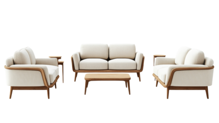 Modern living room furniture set with sofa, armchairs, and coffee table on transparent background