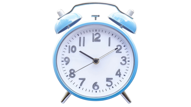 Blue alarm clock showing time on transparent background