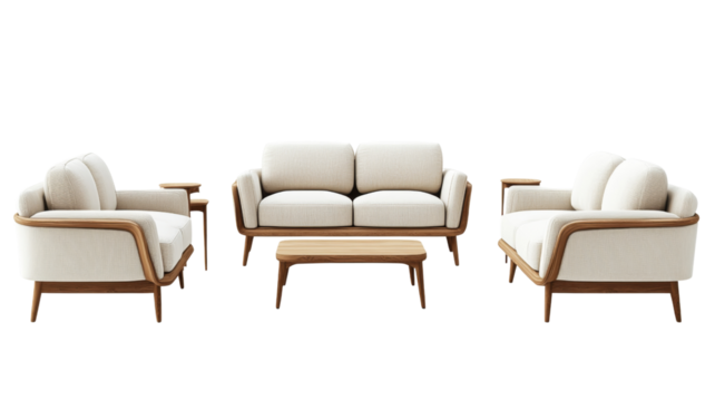 Modern living room furniture set with sofa, armchairs, and coffee table on transparent background