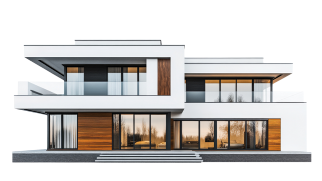 Modern luxury house with transparent background showing large windows and balconies