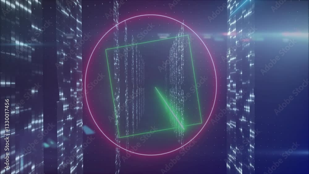 Poster neon geometric shapes and digital code animation in futuristic virtual space