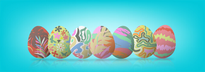 Pastel Easter Egg Banner on Blue Background with Reflection on Floor