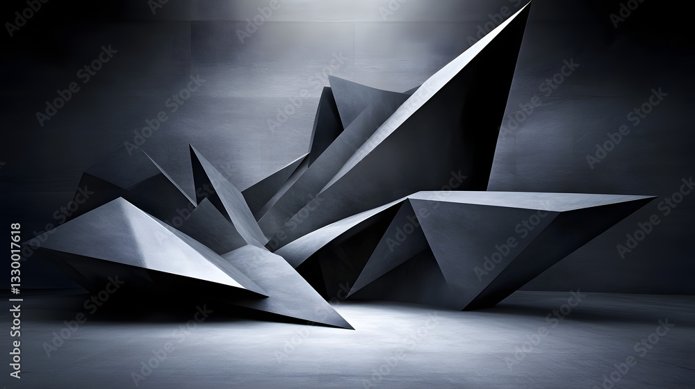 Poster striking sculpture displayed in a dark room with polygon-based design elements enhanced by sleek lig
