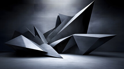 Striking sculpture displayed in a dark room with polygon-based design elements enhanced by sleek light creating a dramatic visual experience.