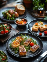 Grilled halibut with cherry tomatoes, rocket salad, and caramelized onions on a black plate