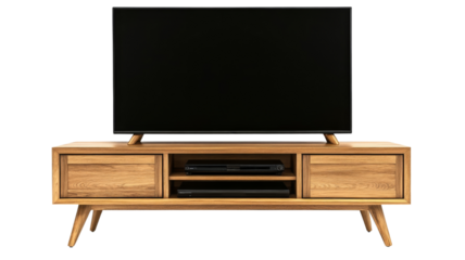 Modern tv set on stylish wooden stand with transparent background