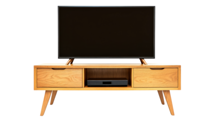 Modern tv set on stylish wooden stand with transparent background