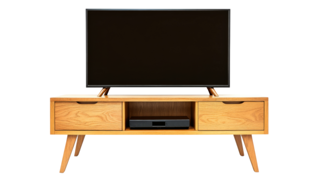 Modern tv set on stylish wooden stand with transparent background