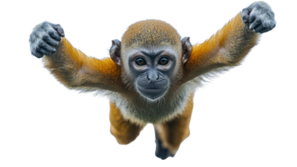 Monkey reaching out with open arms on transparent background