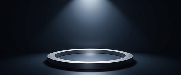 elegant abstract radial gradient with silver rings and navy accents, enigmatic brushed metal background, 3D illustration with dynamic composition for marketing materials, copy space