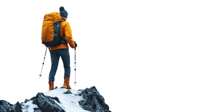 Female hiker conquering snowy mountain peak with transparent background