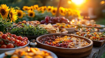Buffet table displaying delicious food at sunset with sunflowers