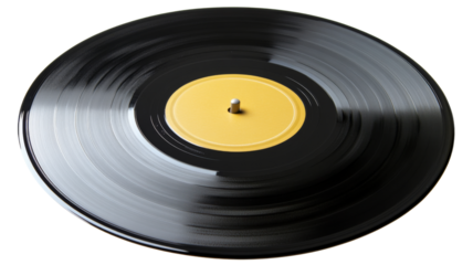Black vinyl record with yellow label on transparent background