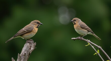 Obraz premium Two brown birds sit on separate branches, surrounded by vibrant greenery in soft daylight