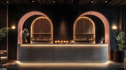 Elegant bar, arched alcoves, dark interior, tropical plants, event space