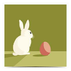 Minimalist Easter greeting card, cover, poster, label, flyer, banner with a adorable white bunny and pink egg on vibrant green background, vector illustration