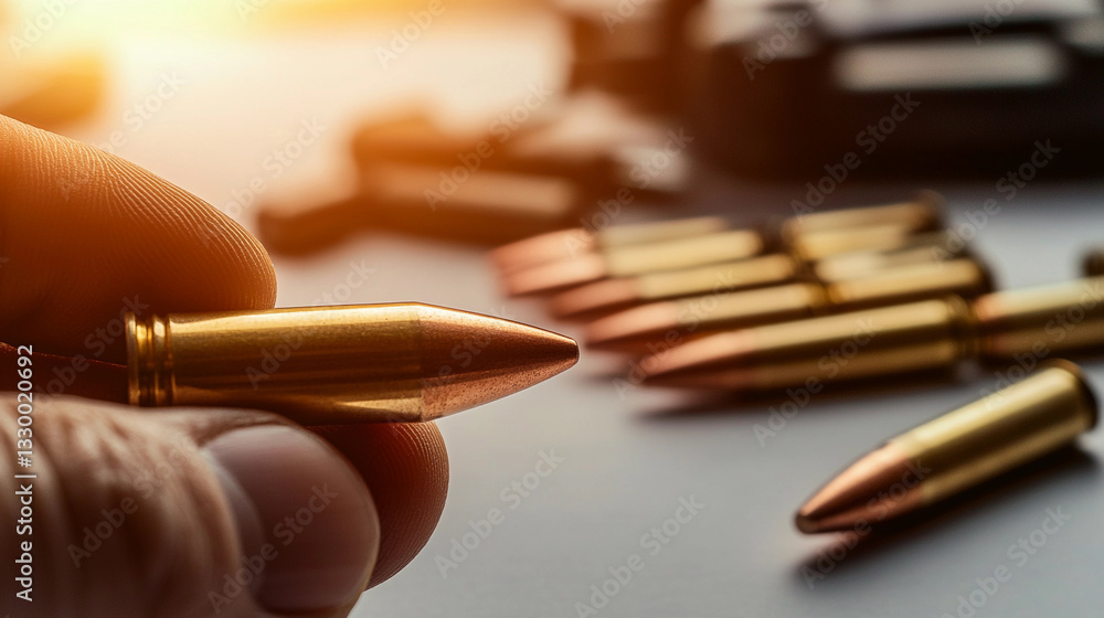 Poster Engineer's hand holding bullet cartridge in workshop setting Generative AI