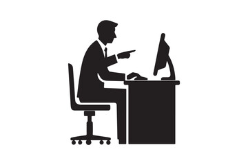 Men sitting behind computer icon silhouette illustration with white background. 