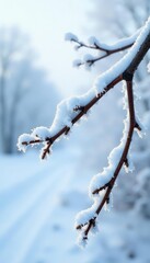 Snowy branches with frosty texture isolated on white background, nature, frost, frozen