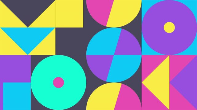 Animated Geometric loop pattern. 4K resolution geometric motion design in bright pink, yellow and blue colors. Abstract moving geometric shapes loop background.