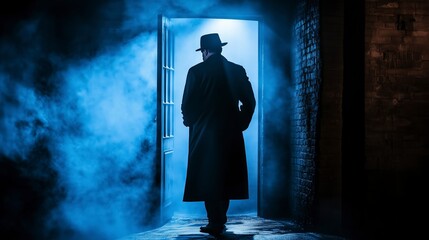 Shadowy noir detective in trench coat and fedora standing in a doorway, backlit by dim streetlight with dramatic high-contrast lighting, cinematic crime scene atmosphere