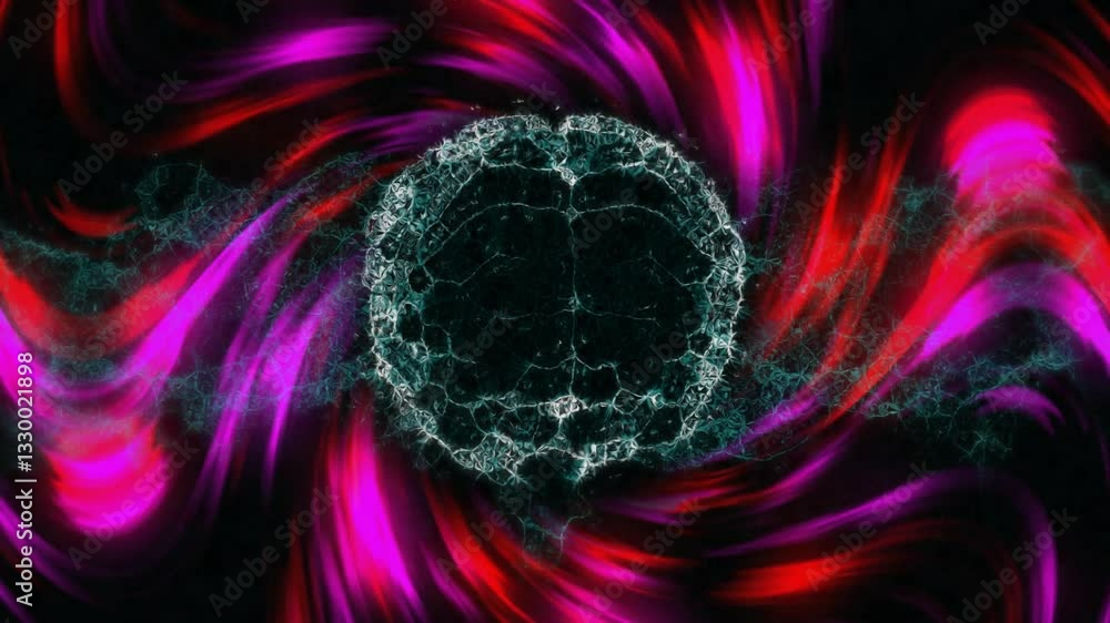 Poster animation of swirling red and purple patterns with intricate circular design