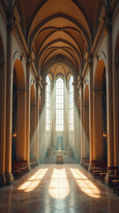 Obraz premium A solemn church interior with sunlight streaming through stained glass windows.
