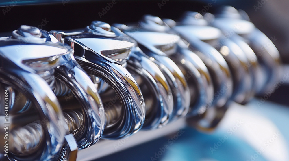 Poster Chrome shock absorbers with spring displayed on vehicle Generative AI