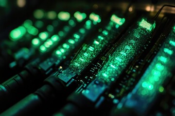 Close-up of glowing green circuit boards, showcasing intricate technological details.