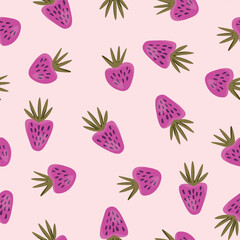 Seamless pattern with strawberry on color background. Natural delicious fresh ripe tasty fruit. Vector illustration for print, fabric, textile, banner, other design. Food concept.