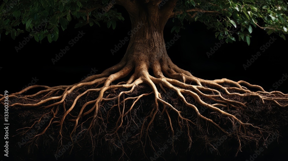 Poster tree with its roots showing in the foreground and the trunk in the background. the roots are brown a