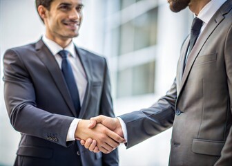 Fototapeta premium Two men in business suits shaking hands. Close Of Shot of Shaking Hands.