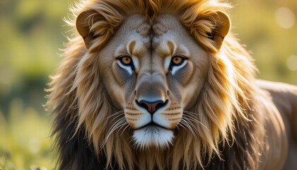 Fototapeta premium Close-up photo of a lion's face against a wild background