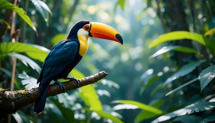 Fototapeta premium Toucan tropical bird sitting on a tree branch in natural wildlife environment in rainforest jungle