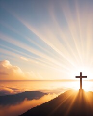 Bright sunlight and holy jesus christ cross silhouette on mountain with copy space