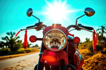 Fototapeta premium Front View of Decorated Motorcycle Shining in Bright Sunlight Outdoors