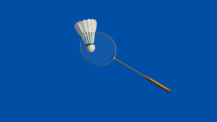 badminton shuttlecock and rackets on blue background 3D rendering
