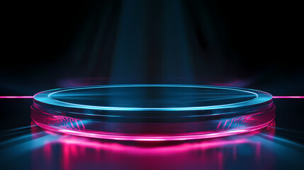 An abstract 3d render showcasing a neon blue and pink futuristic laser circle that creates a round tunnel effect. the design is reminiscent of retro and aesthetics. Resonant Beams. Illustration