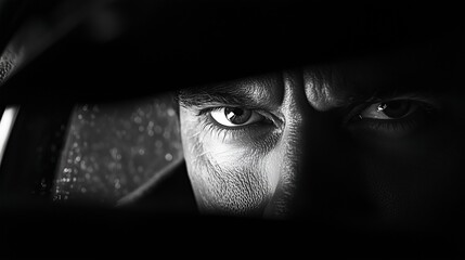 Close-up of noir detective’s intense eyes through shadowed car window with dramatic lighting, creating a suspenseful crime drama atmosphere and classic film noir aesthetic