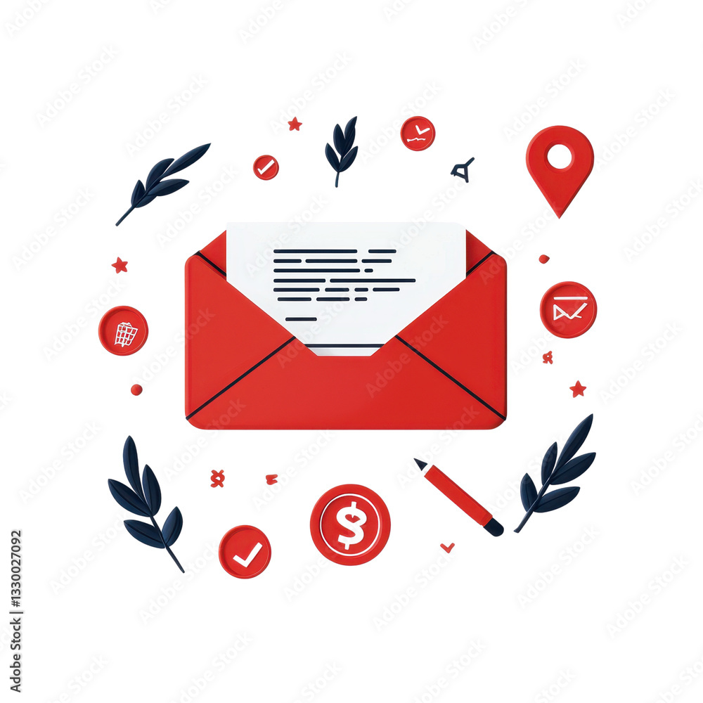 Poster red envelope with icons representing communication and finance